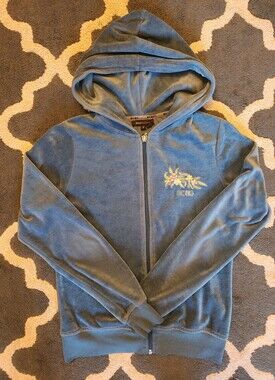 BCBG Light Blue Velour Zip Hoodie with Embroidered Floral Accent